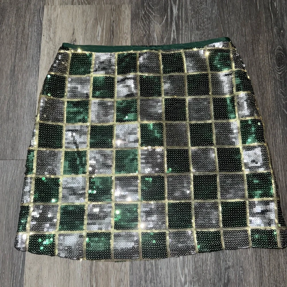 Judith March Green & Silver Checked Print Sequined Mini Skirt - Size Small